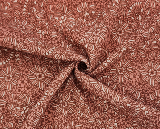 Floral Rust Woven Crinkle Rayon  - Sold By The Half Yard - Woven Deadstock