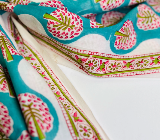 Jade Garden Woven Fabric -Block Print Border Print - Sold By The Half Yard
