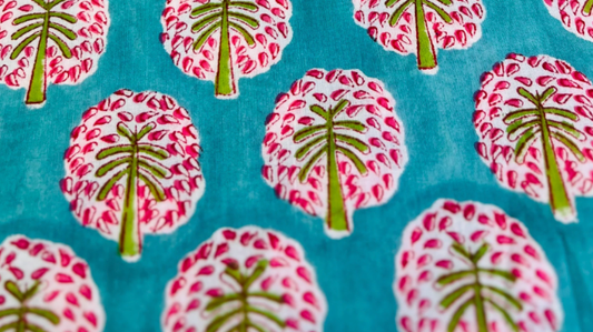 Jade Garden Woven Fabric -Block Print Border Print - Sold By The Half Yard