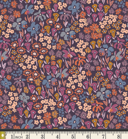 Bloomkind Meadow Dusk Rayon Fabric – Designed by AGF Studio – Botanical Floral Print – Sold by the Half Yard – Mauve Plum Copper Rayon